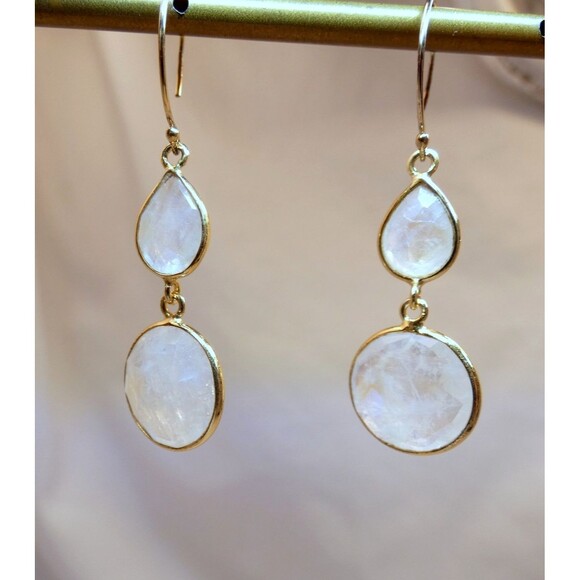 Rainbow Moonstone Gold Fill Earrings Dangle Drop Moon Goddess Healing - Picture 3 of 6